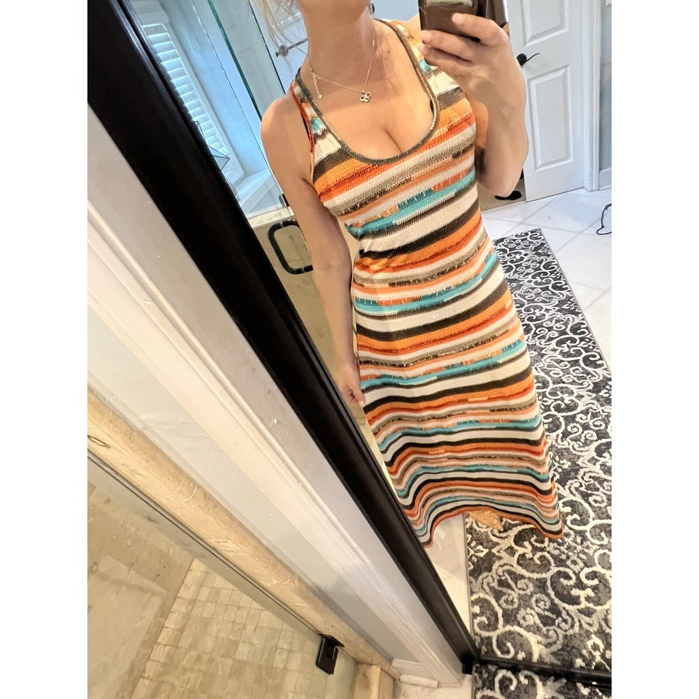Veronica M T Back Print Jersey Aztec Orange Tan Green Floral Maxi Dress Sz L